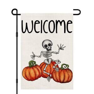 Garden Flag 12x18in Burlap Double-sided Halloween Welcome Skeleton Pumpkin